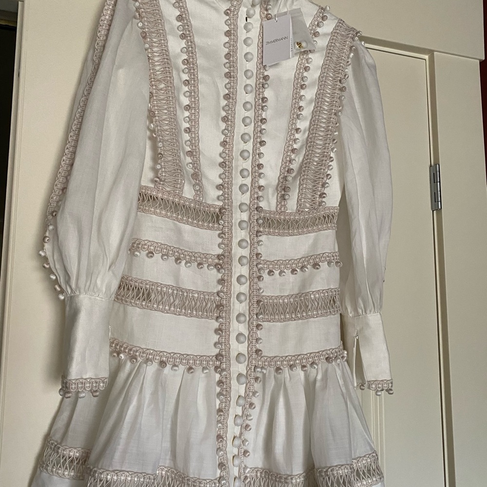 NWT Zimmermann Embroidered Button-Detailed Off White Ramie Mini Dress Size 1 AU - Picture 14 of 16